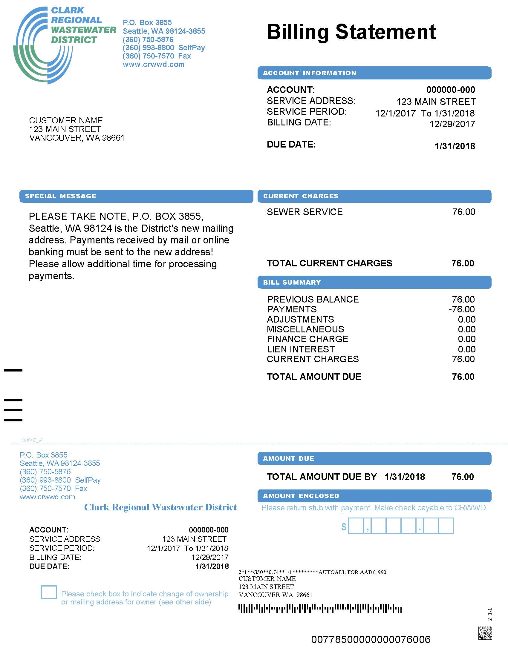 First page of a Clark Regional Wastewater District utility bill. Two-column layout with account header at top, charges table on the left, and a detachable remittance stub on the right.  Adobe tag panel open to the right with header 'Accessibility tags' and content showing 'No Tags Available' — the document is completely untagged and unreadable to screen readers.
