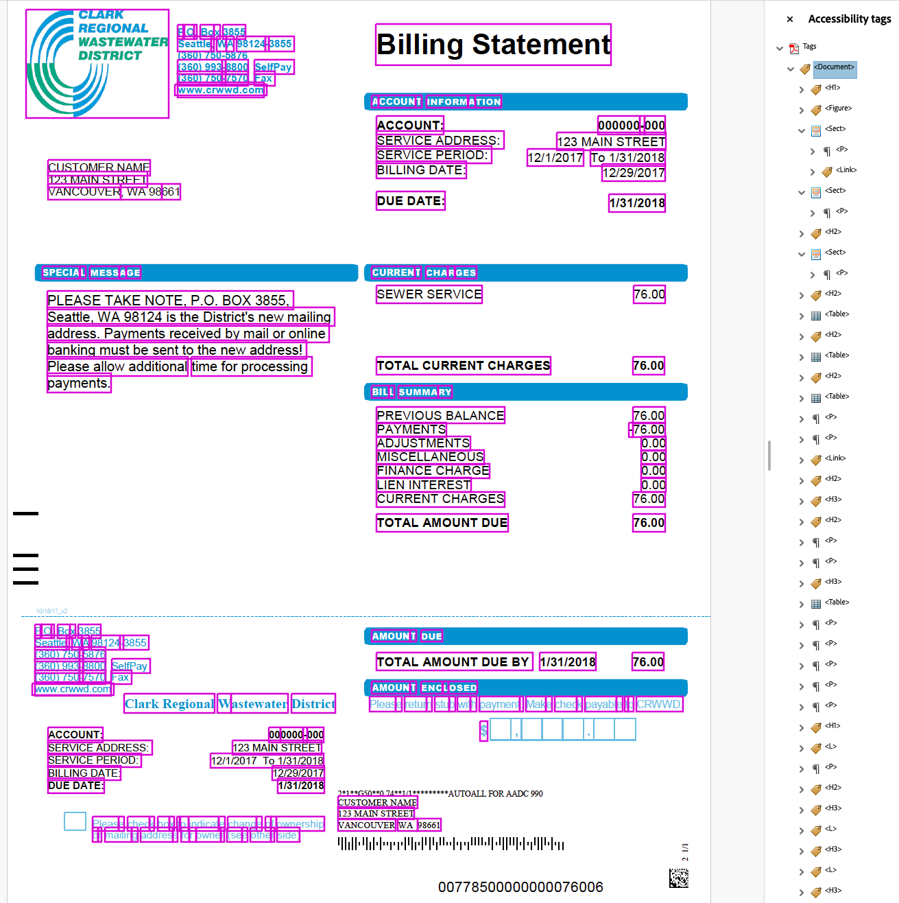 First page of the CurbEffect remediated utility bill. Visually identical to the original — same layout, header, charges table, and remittance stub — now with full PDF/UA-1 tag structure underneath. Adobe tag panel open to the right with header 'Accessibility tags' and content showing a PDF/UA-1 conformant tag tree. All meaningful content is associated with a tag as shown by pink rectangles around it, making the document fully navigable and readable to screen readers.
