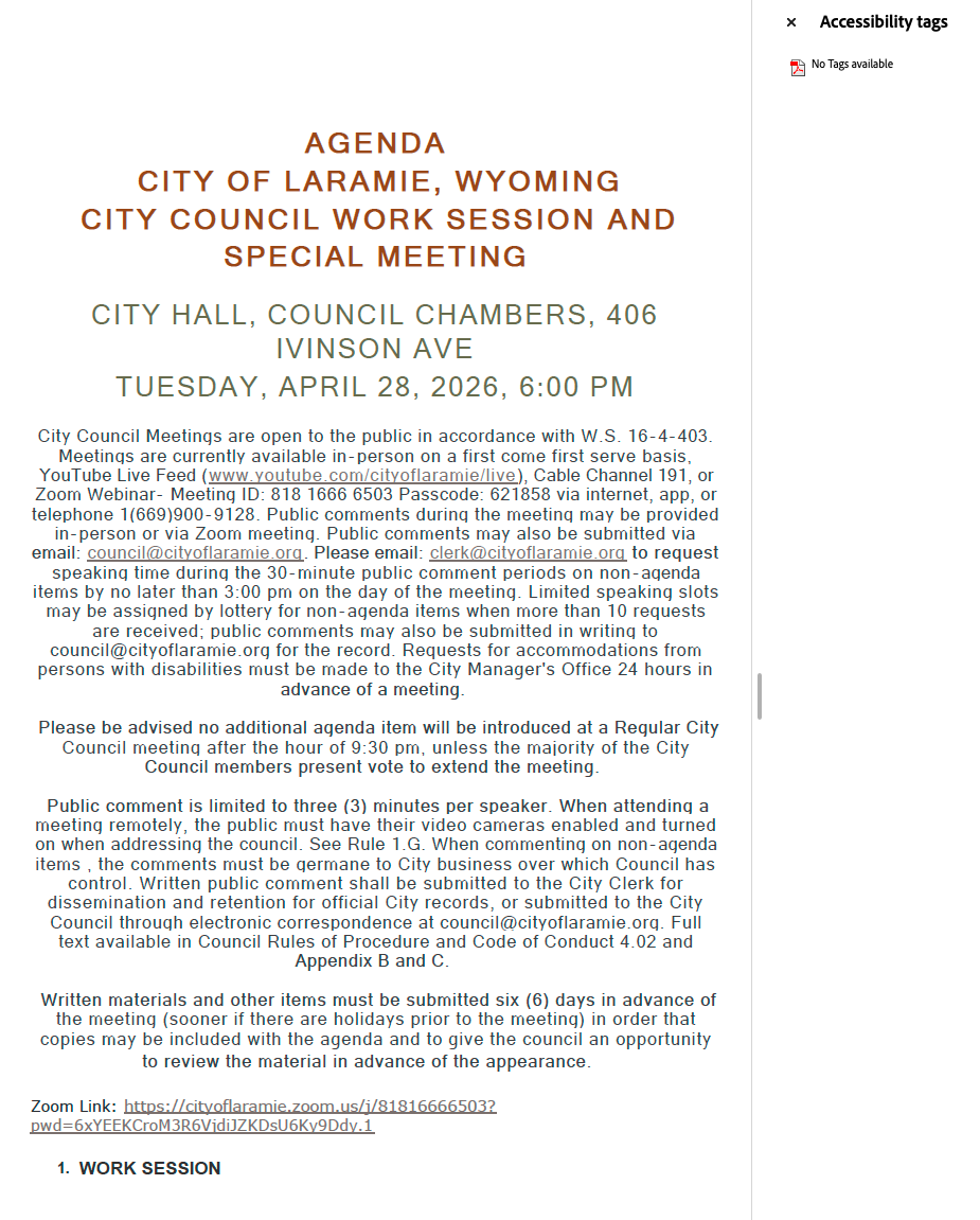 First page of a City of Laramie City Council work session agenda. Header with meeting date and time, followed by nested numbered agenda items, hyperlinks to email and Zoom, and references to attached documents.  Adobe tag panel open to the right with header 'Accessibility tags' and content showing 'No Tags Available' — the document is completely untagged and unreadable to screen readers.
