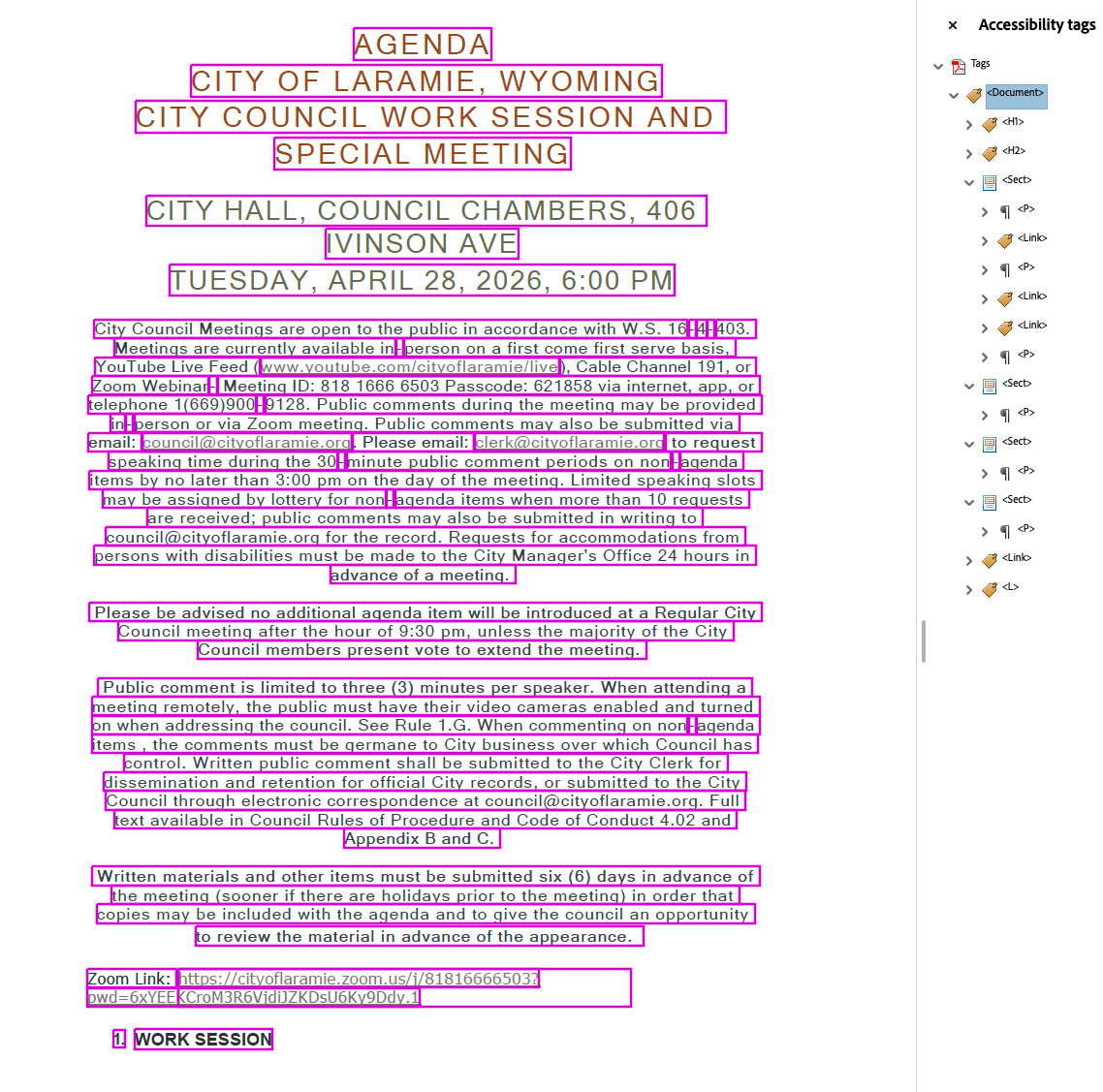 First page of the CurbEffect remediated agenda. Visually identical to the original, now with full PDF/UA-1 tag structure underneath as shown by all meaningful content having pink rectangles around it showing that it is associated with a tag.  Adobe tag panel open to the right with header 'Accessibility tags' and content showing a PDF/UA-1 conformant tag tree.
