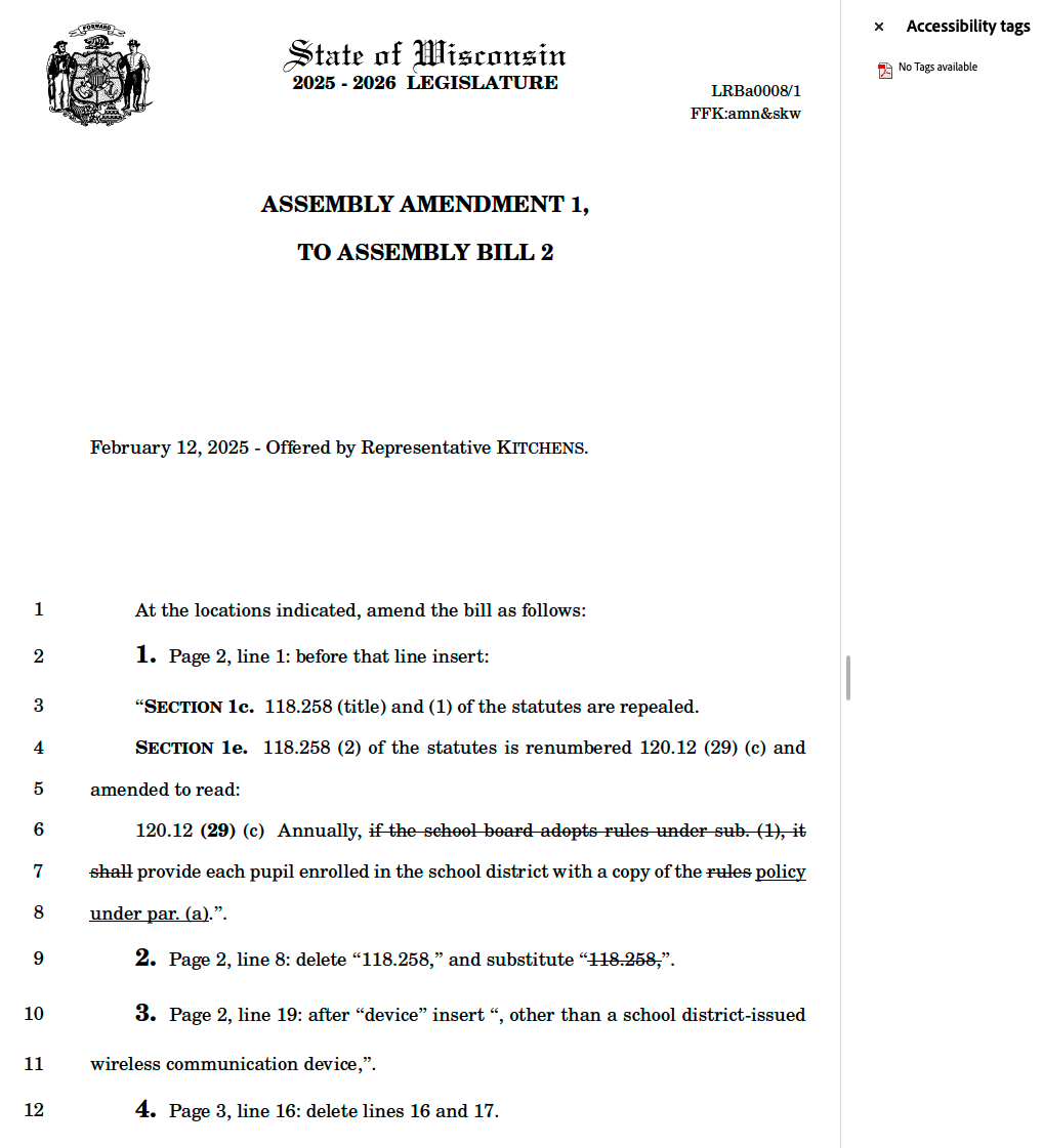 First page of a Wisconsin Legislative amendment. Bill header, introduction text, and amendment body with strikethrough text indicating deletions and underlined text indicating insertions, plus numbered page lines along the left margin. Adobe tag panel open to the right with header 'Accessibility tags' and content showing 'No Tags Available' — the document is completely untagged and unreadable to screen readers.
