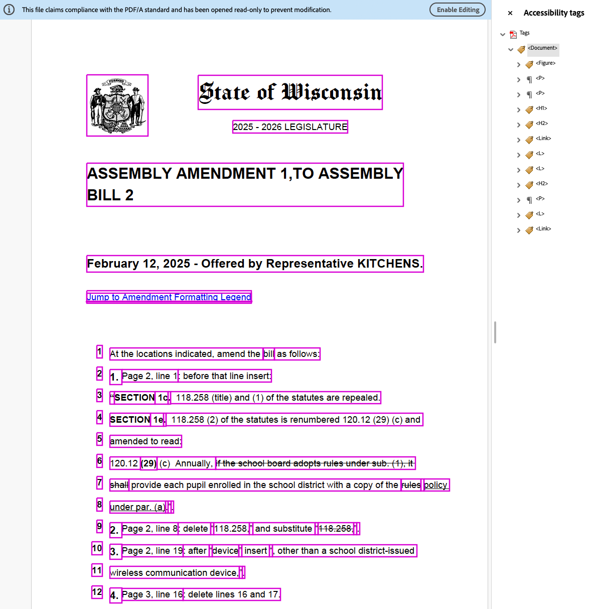 First page of the CurbEffect remediated amendment. Visually identical to the original, now with full structural tagging, alt text describing strikethrough deletions and underlined insertions, and preserved page-and-line numbering. Adobe tag panel open to the right with header 'Accessibility tags' and content showing a PDF/UA-1 conformant tag tree. All meaningful content is associated with a tag as shown by pink rectangles around it, making the document fully navigable and readable to screen readers.
